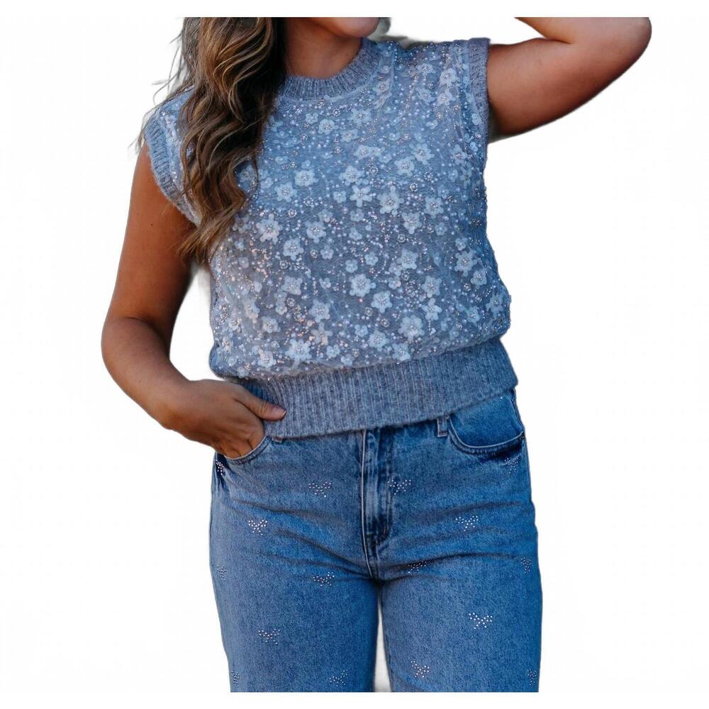 NEW DESIGN HISTORY beaded sleeveless vest in silver mist
